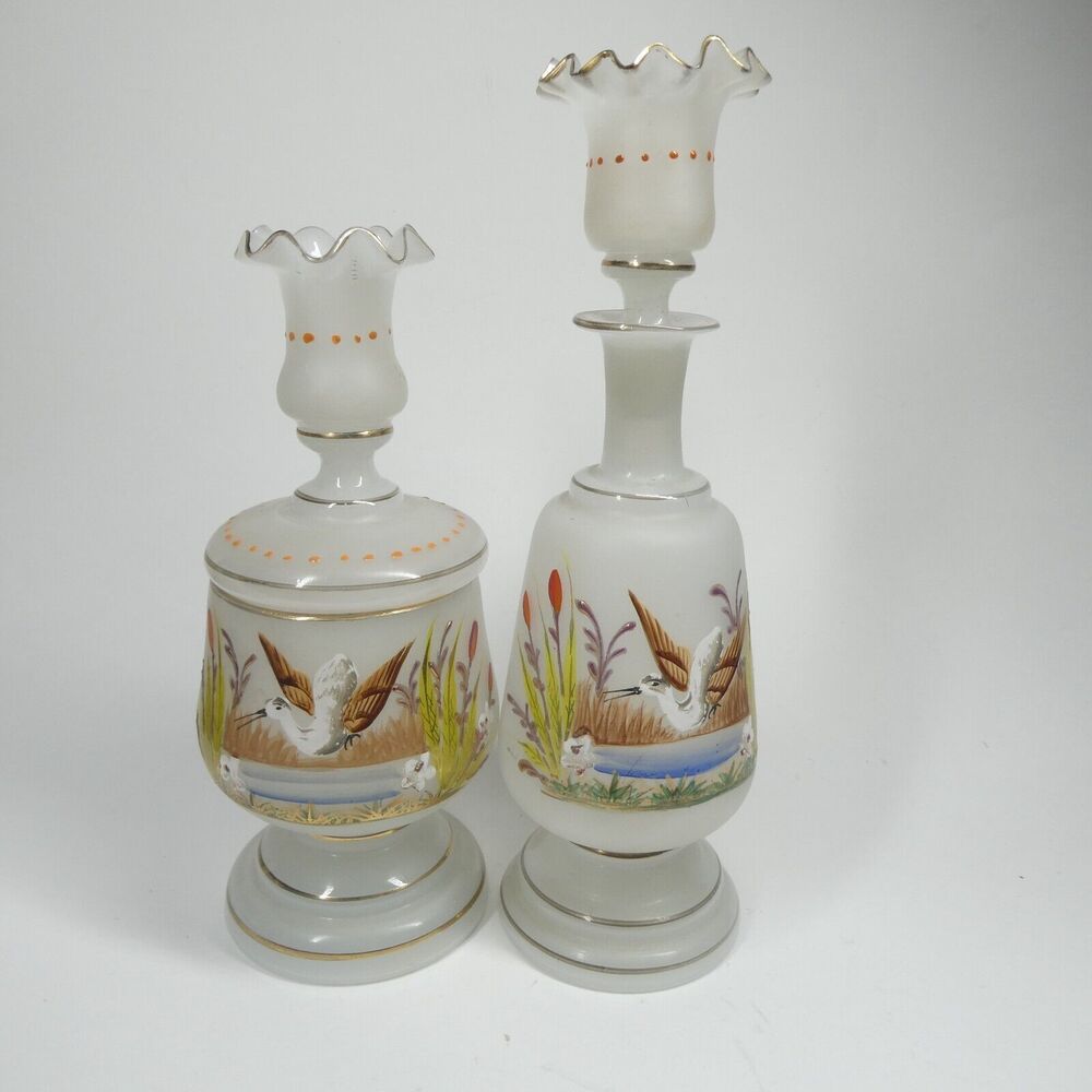 Handpainted Ducks Birds Frosted Glass Decanter Jar Candle Holder Vintage